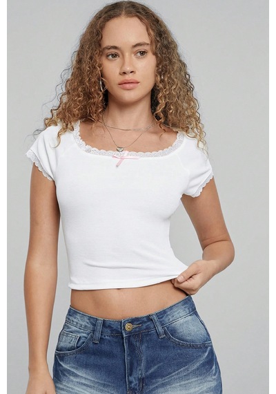 Fantezia Night Kadın Beyaz Göğsü Ve Kolları Dantelli Fiyonklu Kısa Kol Crop Top Bluz