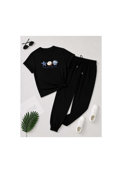 Herkesemoda The Sea Baskı Detaylı T-shirt Eşofman Takımı Siyah