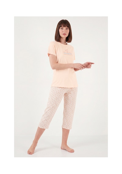 Lela Desenli Pamuklu Bisiklet Yaka Kaprili Pijama Takımı Bayan Pijama Takımı 65790787 Turuncu