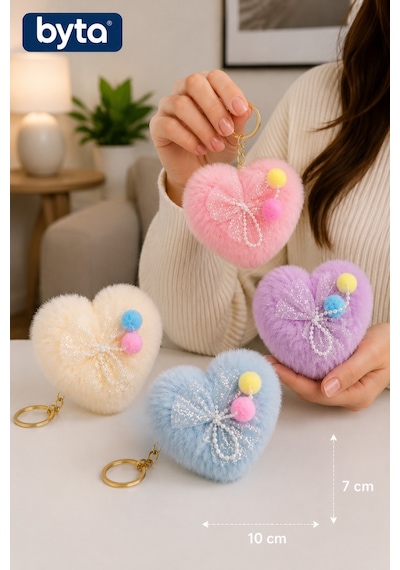Peluş Kalp Anahtarlık 10x7 Cm Karışık Renkli Çanta Süsü Ve Anahtar Aksesuarı 1 Adet - Hediyelik Çok Renkli