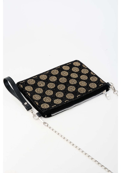 Vivaq Kadın Puantiyeli Altın Taşlı Süet Bilek Askılı Ve Zincir Askılı Portföy El Ve Clutch Çanta SİYAH