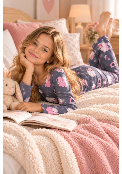 Free Beka Desenli Bisiklet Yaka Süet Kumaş Kız Çocuk Uzun Kollu Pijama Takımı Gri