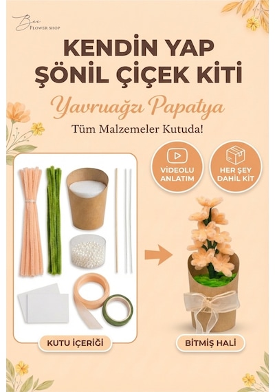 Yavruağzı Papatya Şönil Çiçek Yapım Kiti Şönil Hobi Seti