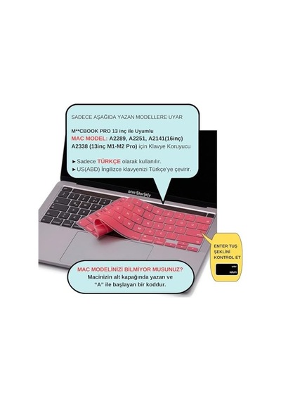 Macbook Pro Türkçe Q Çeviri Klavye Koruyucu Us Ansı Amerikan Düz Enter A2338 M1 M2 A2251 A2289 A2141 Uyumlu Silikon Keyboard Cover Pembe