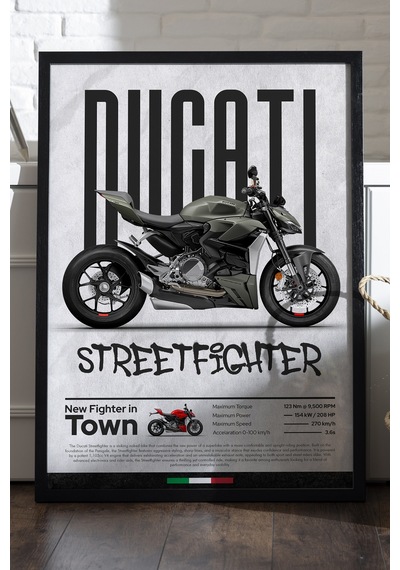 Ducati Street Fighter Siyah Ahşap Çerçeveli Poster, Dekoratif Motosiklet Duvar Tablosu