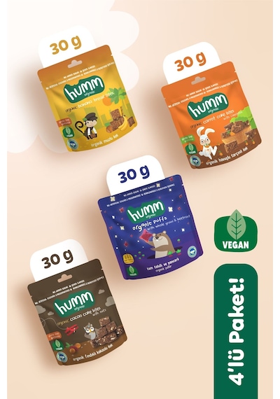 Hummorganic Organik Vegan Puf & Glutensiz Kek Atıştırmalık Paketi - 4 adet (4 çeşit)