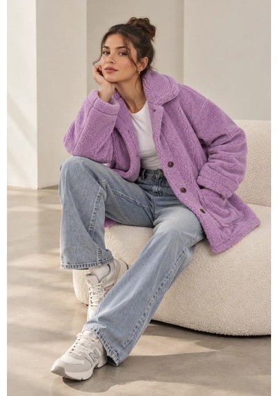 Bb Butik Basic Kadın Peluş Düğmeli Cepli Rahat Kesim Ceket Zg9016 Lila