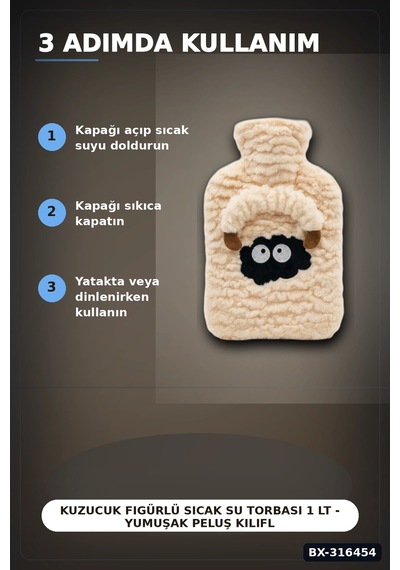 Kuzucuk Figürlü Sıcak Su Torbası 1 Lt - Yumuşak Peluş Kılıflı Termal Isıtıcı Bx-316454 Çok Renkli
