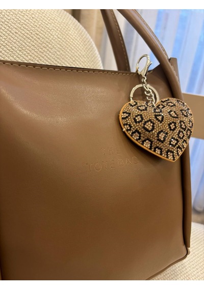 Leopar Desenli Taşlı Kalp Charm Çanta Aksesuarı Anahtarlık