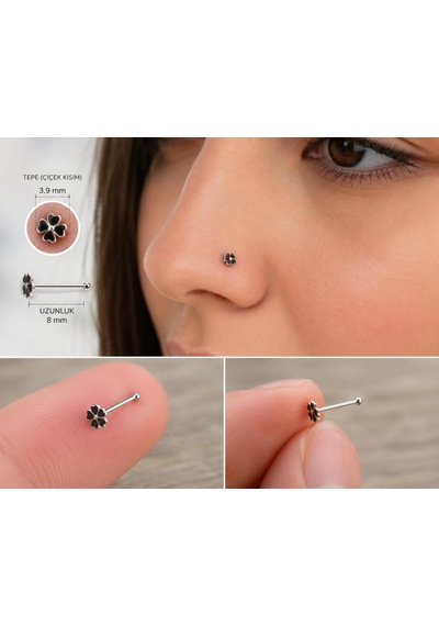 925 Ayar Gümüş Burun Hızması Siyah Çiçek Desenli Minimal Nose Stud Kadın Erkek Unisex 8 Mm Gri