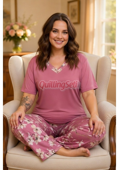 Lady Pembe Renk, Çiçek Desenli 11060 Kısa Kol Kadın Büyük Beden Anne Pijama Takımı