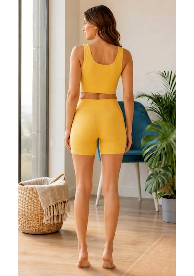 Suısy Pulse Fitilli Crop Atlet Ve Biker Şort Takımı Sarı