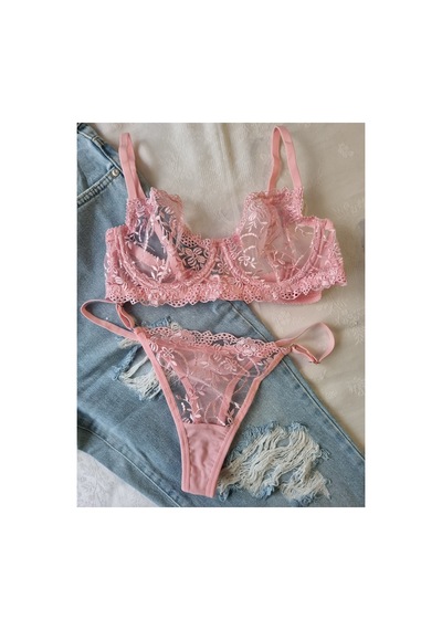 Demirsa Boutique Çiçek Desenli Dantelli Pembe Sütyen Ve Tanga, İç Çamaşır Takımı Pembe