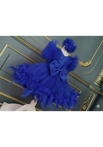 Star Kids Fashion Kız Çocuk Saks Mavisi Tüylü Elbise,kız Çocuk Abiye Elbise,toka Dahil Saks Mavi
