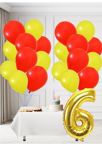6 Yaş Sarı Kırmızı Taraftar Temalı Doğum Günü Seti Sarı Kırmızı Balonlar Altın Folyo Rakam Sarı