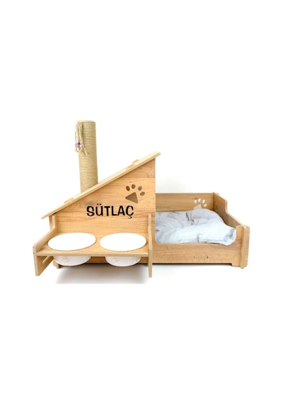 Realwood Ahşap Seramik Kaseli Tırmalama Çubuklu Açık Kapalı Kedi Evi
