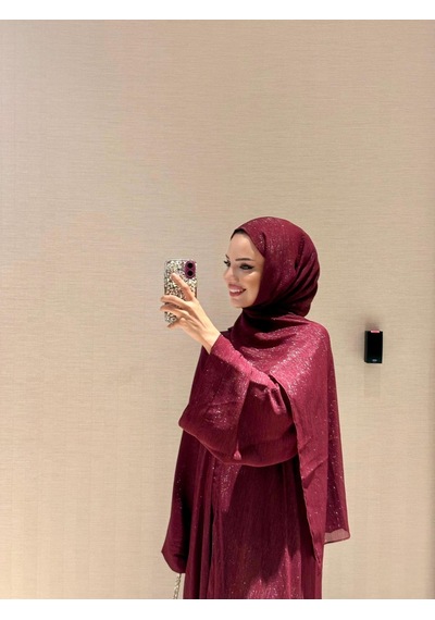 Şakika Kadın Shine Abaya Ferace & Şal - Standart Beden & Farklı Boy Vişne Çürüğü