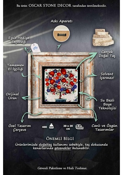 Oscar Stone Decor Çerçeveli Taş Tablo Duvar Dekoru 20x20cm 4'lü Set Baykuşlar Fil Ve Balina