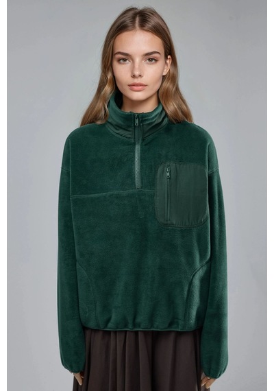 Hiccup Busem Fermuarlı Yakalı Peluş Örme Sweatshirt, Cepli Çam Yeşili