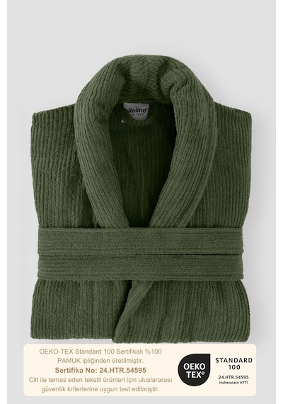Yeşil Çizgili Bornoz %100 Sertifikalı Pamuk Şal Yaka Unisex Banyo Bornoz / Sabahlık 340 Gr/m2