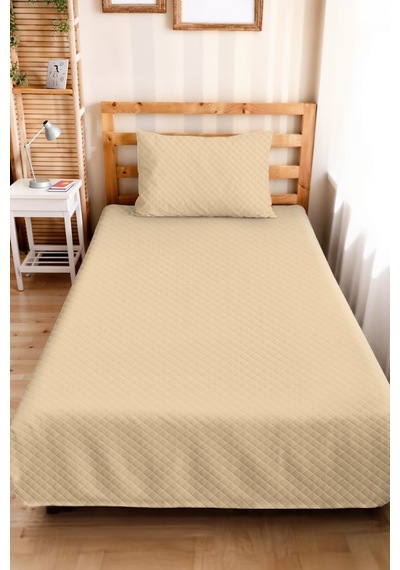 Bej Minimal Genç Odası Tek Kişilik Pike Takımı - Krem Geometrik 160x220 Cm Kapitone Yatak Örtüsü Puslu Papatya Harmonu