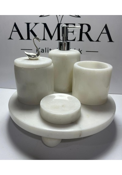 Mermer Top Ayaklı Standlı 5 Parça Lüks Banyo Seti Beyaz