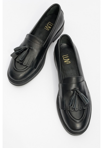 Luvishoes Milina Siyah Cilt Püsküllü Hakiki Deri Kadın Loafer Ayakkabı Siyah Cilt
