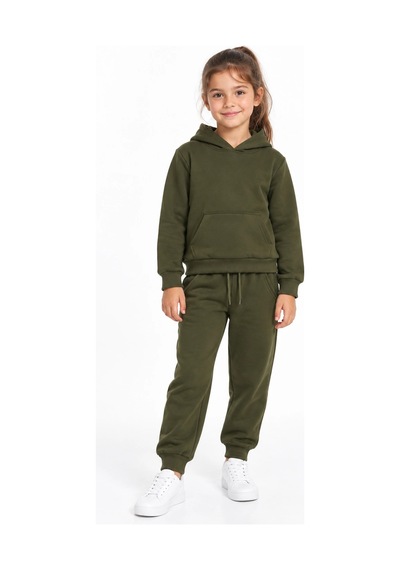 Rony Pony Kids Unisex Kız Erkek Çocuk Haki 3 İplik Kapüşonlu Kanguru Cepli Eşofman Takımı