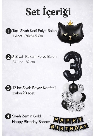 3 Yaş Kedi Temalı Doğum Günü Balon Seti Siyah Konsept Siyah