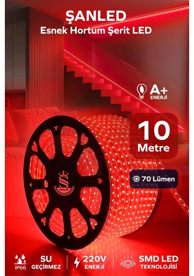 Hortum Esnek 220v Şerit Led Kırmızı 10 Metre 10 Metre