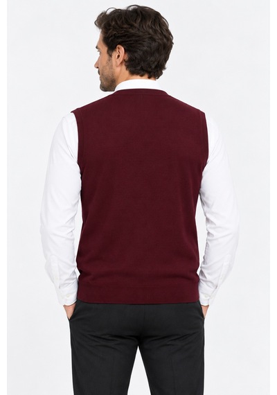 Bihan Store Erkek Düğmeli Triko Çelik Örgü V Yaka Yelek 6955-bordo