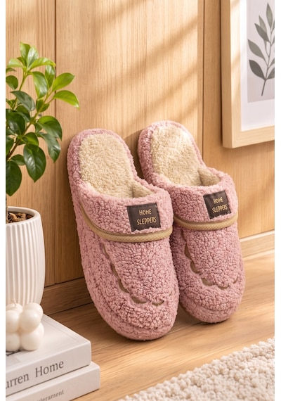 N Moda Kadın Ev Terliği Sherpa Dokulu Kışlık Sıcak Kürklü Rahat Ses Yapmaz Kaymaz Taban Pembe
