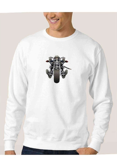 Motosiklet Spitfire Baskılı Beyaz Erkek Örme Sweatshirt