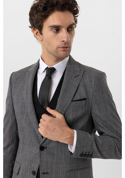 Süvari Siyah Slim Fit Desenli Sivri Yaka 6 Drop Yelekli Klasik Takım Elbise-35685 Siyah