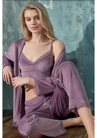 Cotonhause Kadın 3 Lü Büstiyerli Kadife Lila Pijama Takımı C1t3n4o01-1 001