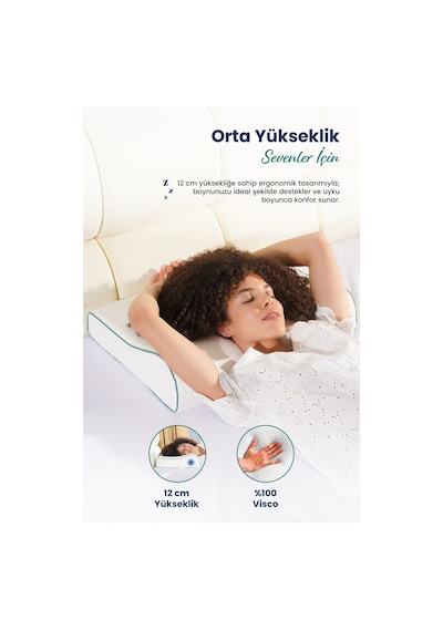Orta Yüksek Boyun Destekli Ortopedik Visco Yastık 60x40x12-8cm Beyaz
