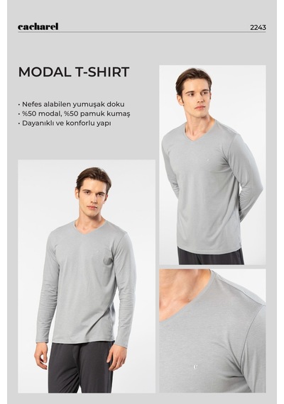 Cacharel Erkek Modal Pamuk V Yaka T-shirt 2243/gri Gri