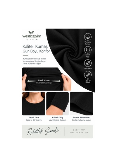 Westicgiyim Kadın Siyah Uzun Kollu Basic T-shirt Kapalı Bisiklet Yaka Full Likralı Esnek Pamuklu