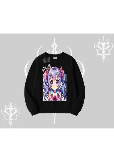 Startmore Biskilet Sweatshirt Hello Anime Kız Sevimli Karakter Baskılı Siyah