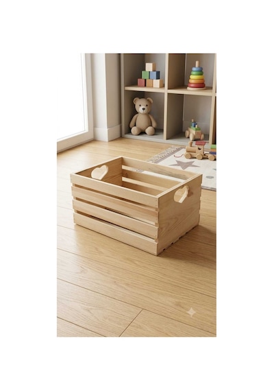 Doğal Çam Ağacı Dekoratif Saklama Kasası - Montessori Oyuncak Kutusu - 40x30x20 Cm Bej