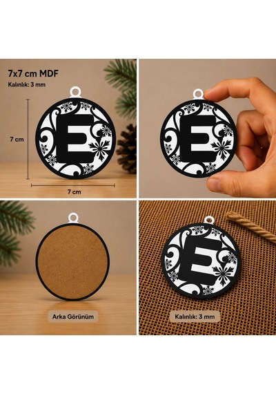 E Harf Yılbaşı Süsü Mdf Çam Ağacı Desenli Asılabilir Dekor 7x7 Cm
