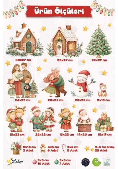 Yeni Yıl Cam Sticker Seti Büyük Boy Aile & Noel Evi Temalı 80+ Parça Çift Taraflı Pencere Süsü Dijital Baskı