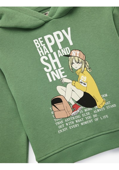 Koton Şardonlu Uzun Kollu Kapşonlu Baskılı Sweatshirt Yeşil 6wkg10309ak Yeşil