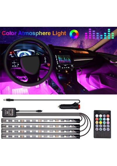 Araba Led Şerit Işığı, 4adet 36 Led Dc 12v Çok Renkli Müzik Araba İç Aydınlatması Ses Aktif Fonksiyonlu Ve Ka