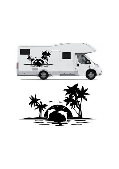 Palmiye Ve Yunuslar Kamp, Karavan Sticker 120x66 Cm Siyah