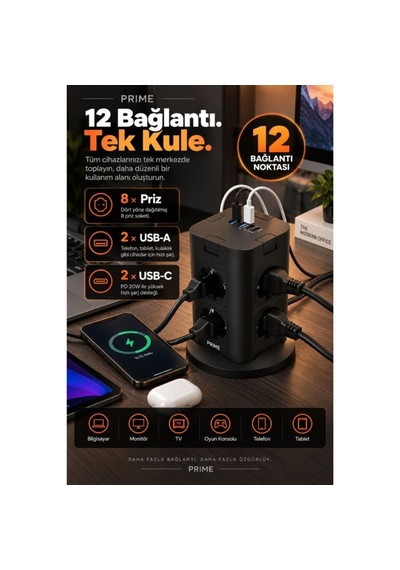 8 Li Çoklu Priz Usb-a + Type-c Şarj Girişli Güç Ve Şarj İstasyonu 0 - 2 M