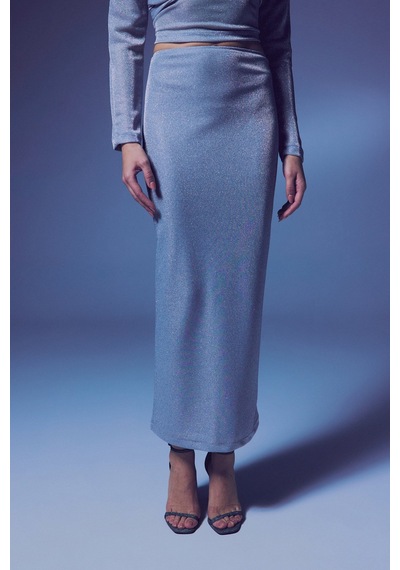 Sateen Simli Midi Etek - Gümüş-135387 Gümüş