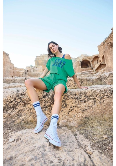 Monamise Kadın Kısa Kollu "stay Strong" 3'lü Crop Şort Takımı 23084-yeşil Yeşil