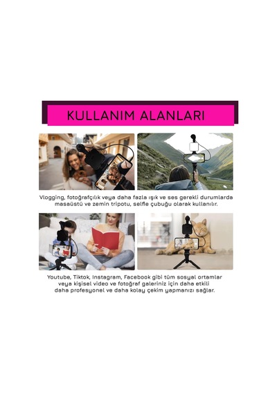 Upway Led Işıklı Mikrofonlu Tripotlu Kumandalı Video Kayıt Fotoğraf Öz Çekim Seti