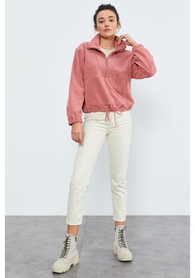 Tommy Life Yaban Gülü Yarım Fermuar Etek Ucu Büzgülü Kadın Polar Oversize Sweatshirt - 97171 Pembe